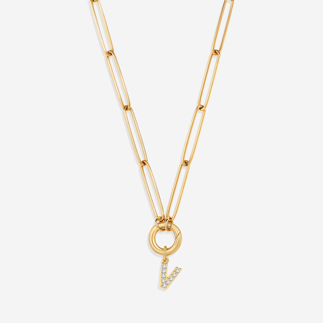 Pave Initial Charm with Charm Clasp Necklace in gold tone