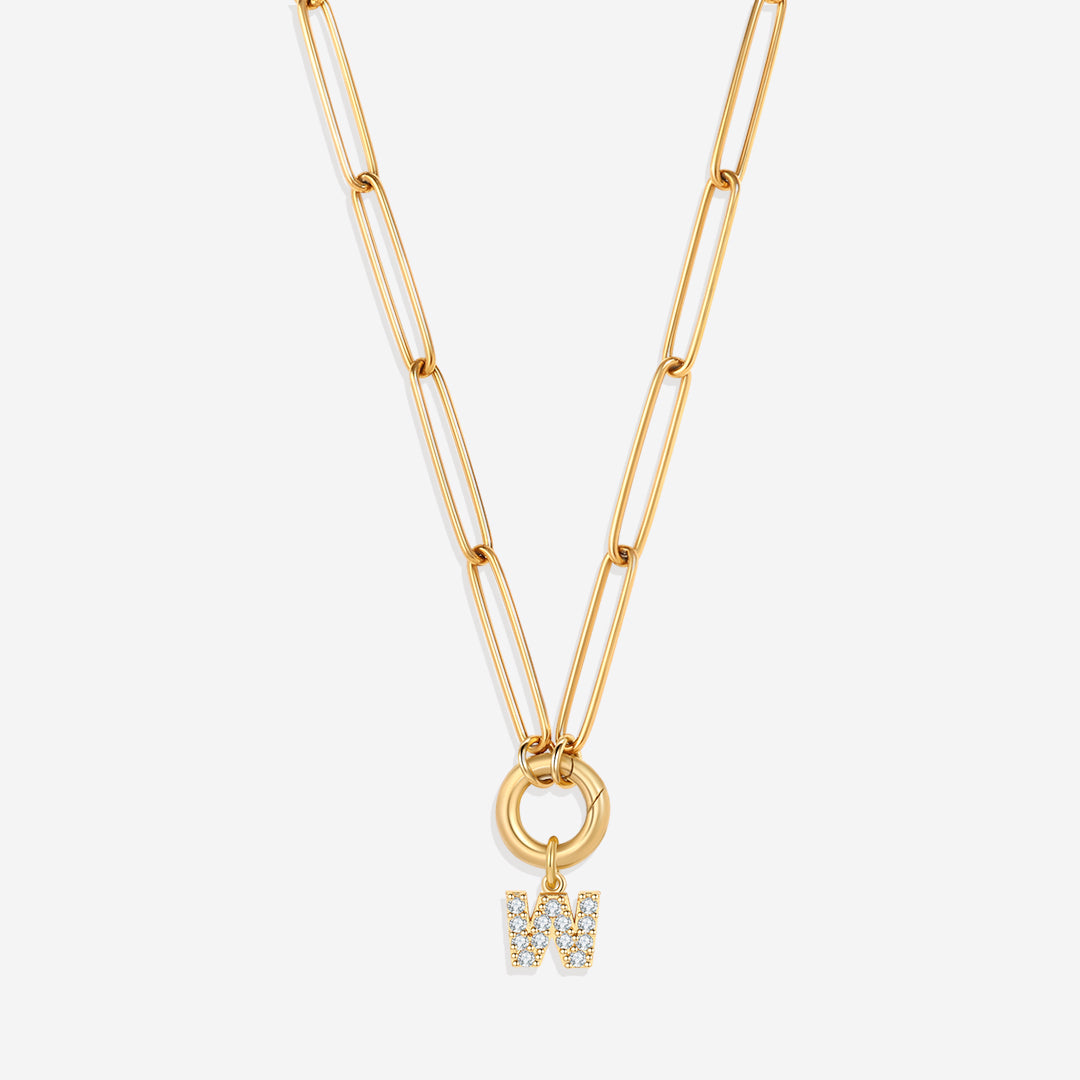 Pave Initial Charm with Charm Clasp Necklace in gold tone