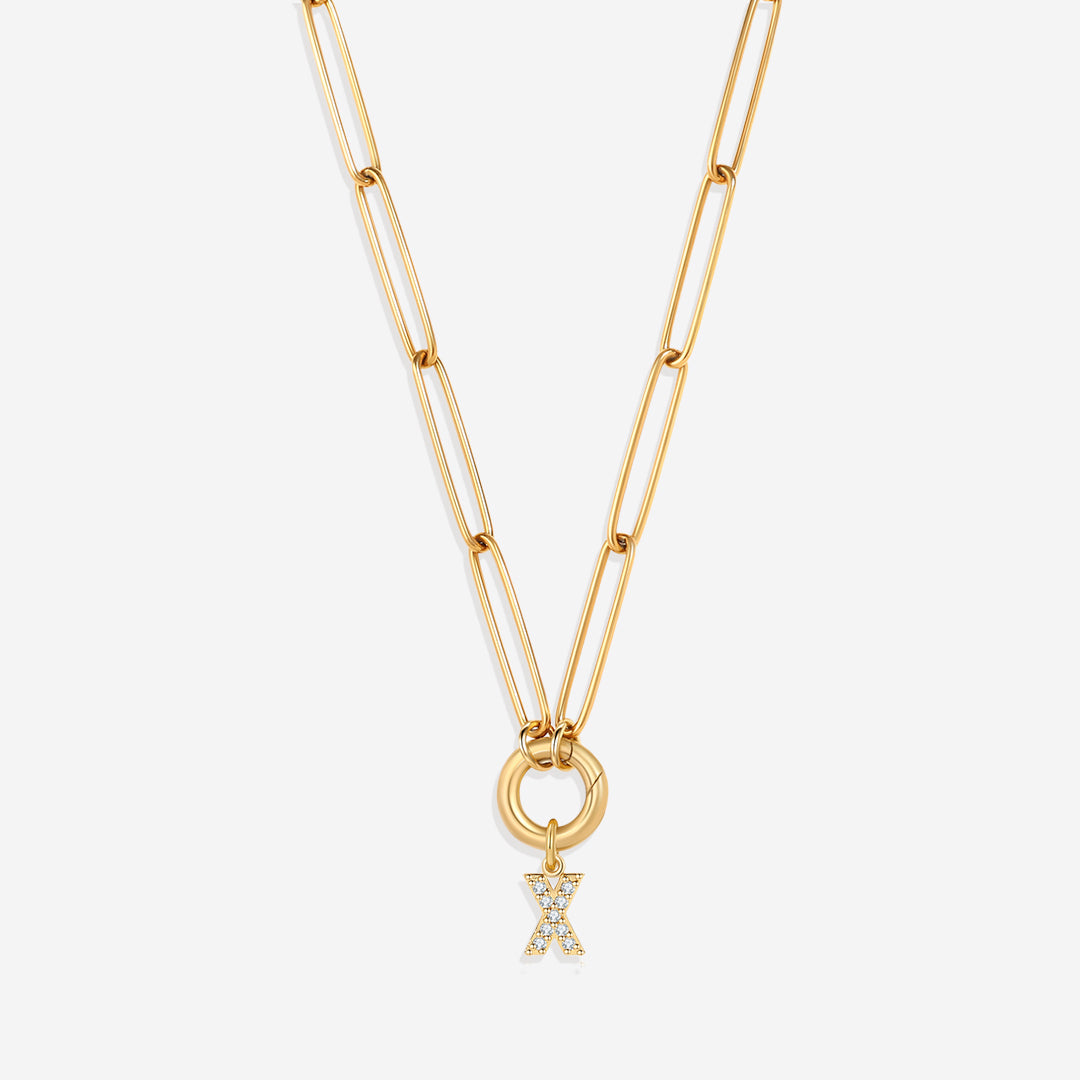 Pave Initial Charm with Charm Clasp Necklace in gold tone
