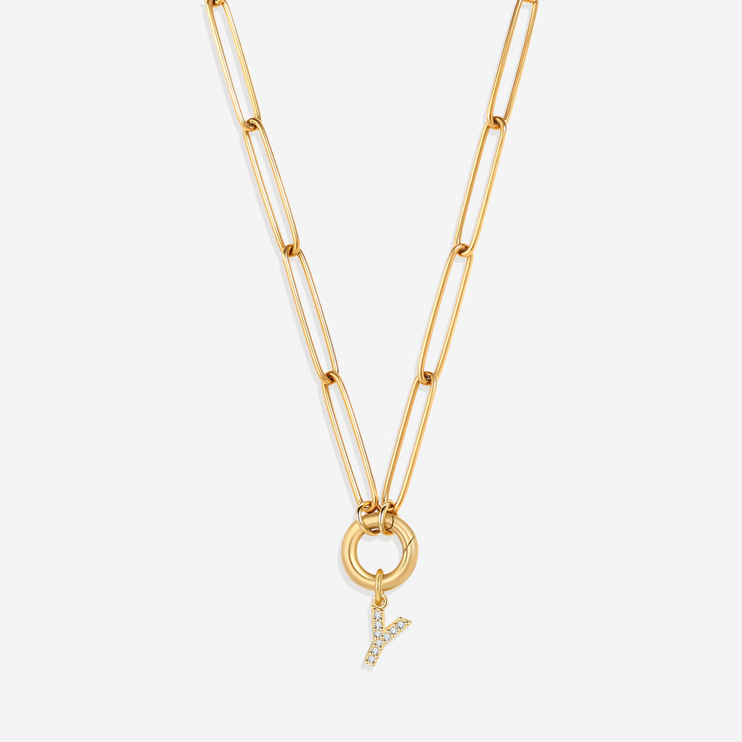 Pave Initial Charm with Charm Clasp Necklace in gold tone