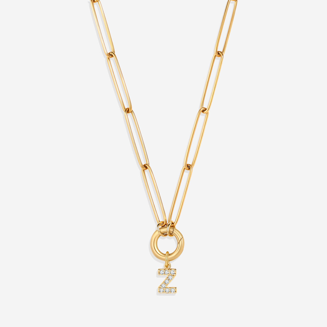Pave Initial Charm with Charm Clasp Necklace in gold tone