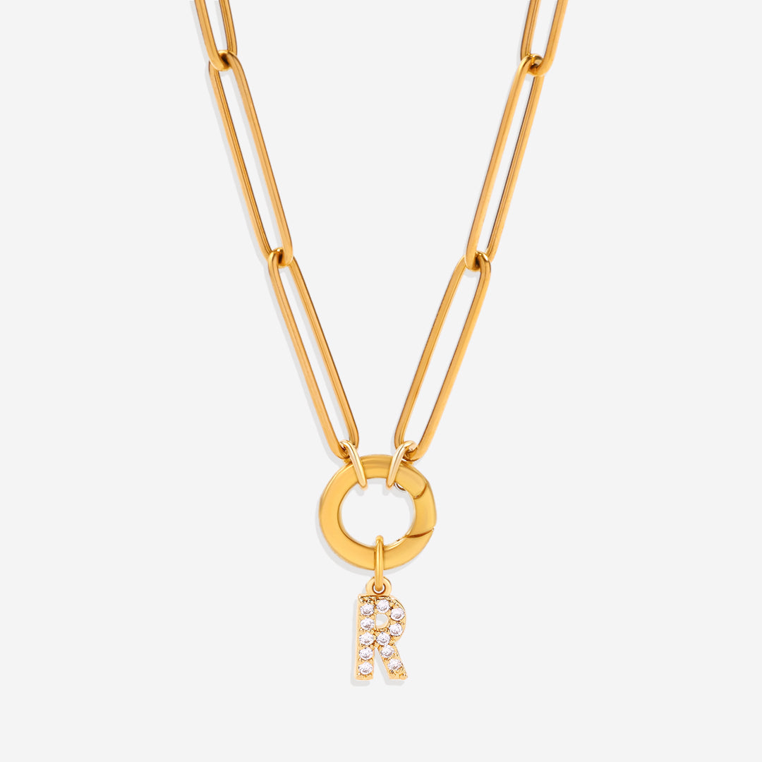 Pave Initial Charm with Charm Clasp Necklace in gold tone