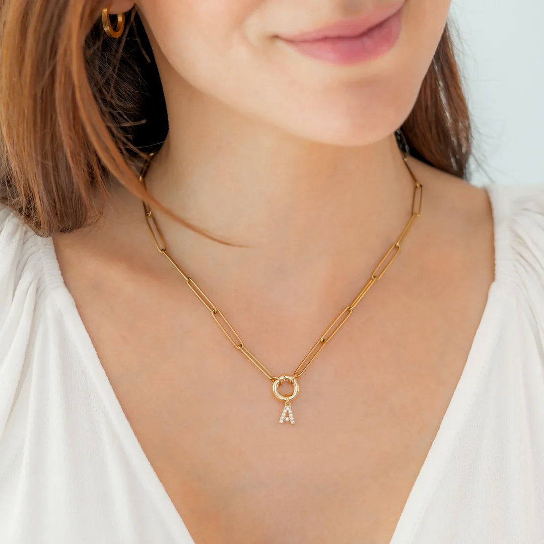 Pave Initial Charm with Charm Clasp Necklace in gold tone