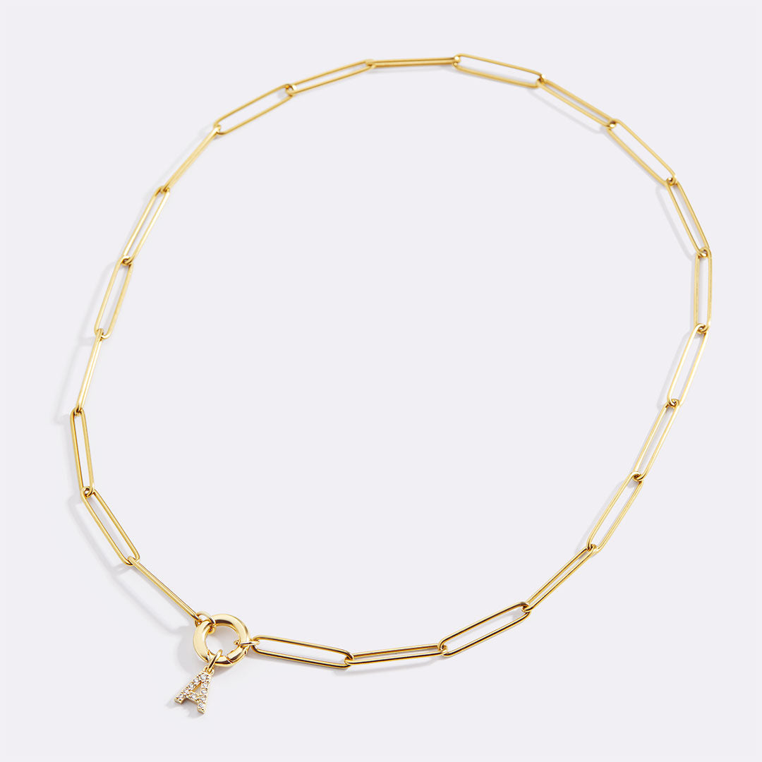 Pave Initial Charm with Charm Clasp Necklace in gold tone