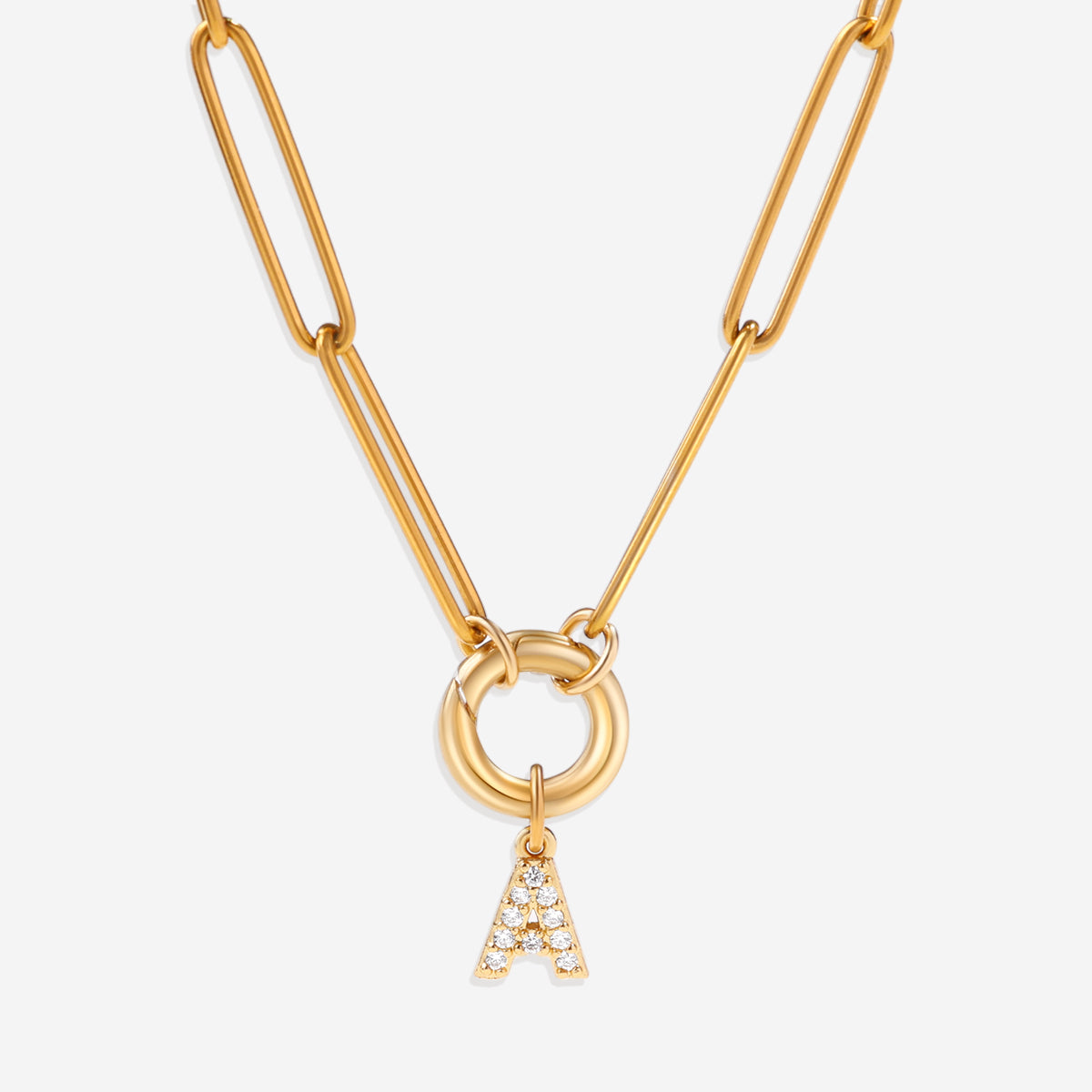 Pave Initial Charm with Charm Clasp Necklace in gold tone
