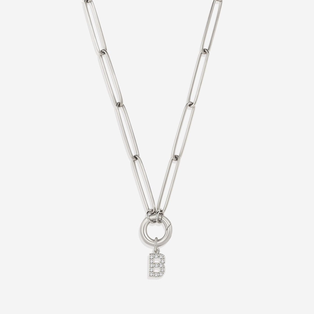 Pave Initial Charm with Charm Clasp Necklace in 925 sterling silver