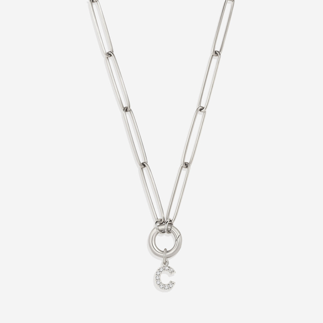 Pave Initial Charm with Charm Clasp Necklace in 925 sterling silver