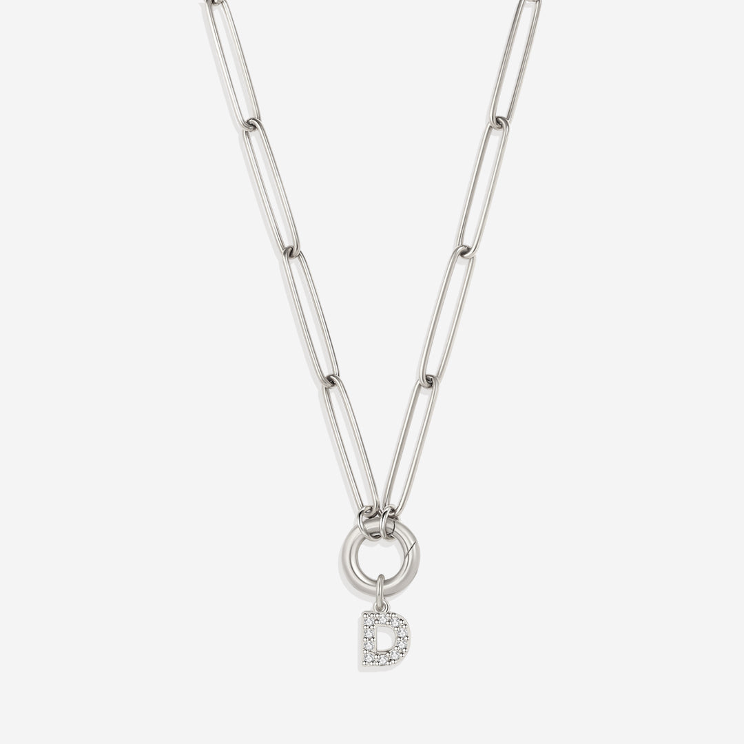 Pave Initial Charm with Charm Clasp Necklace in 925 sterling silver