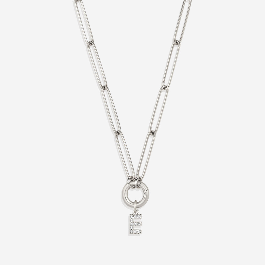 Pave Initial Charm with Charm Clasp Necklace in 925 sterling silver