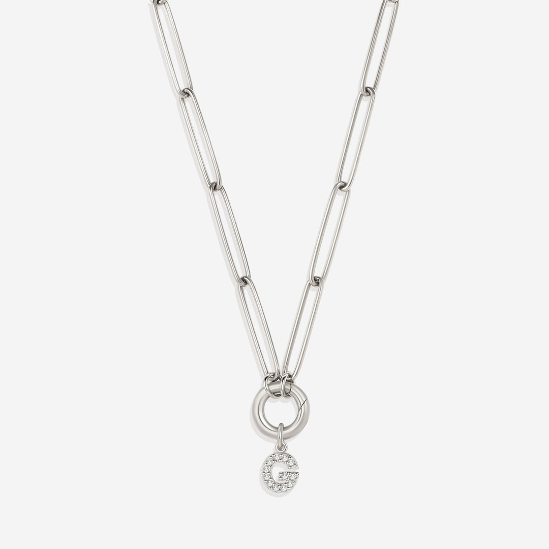 Pave Initial Charm with Charm Clasp Necklace in 925 sterling silver