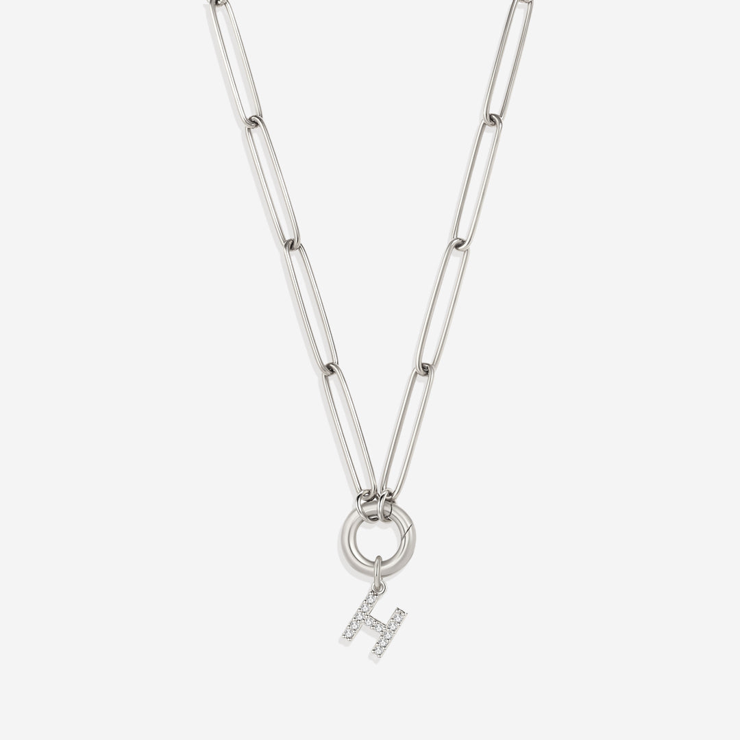 Pave Initial Charm with Charm Clasp Necklace in 925 sterling silver