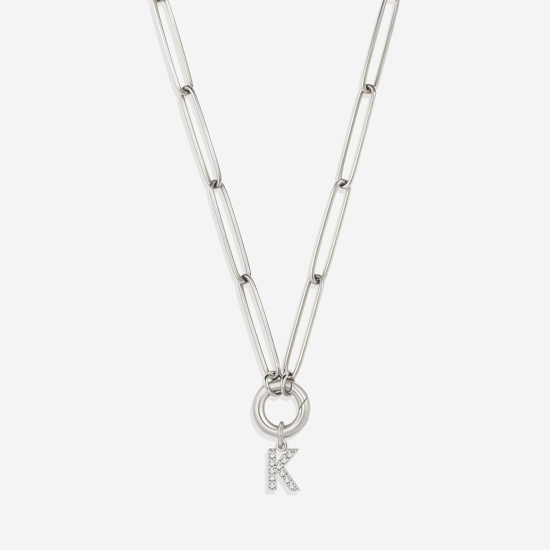 Pave Initial Charm with Charm Clasp Necklace in 925 sterling silver