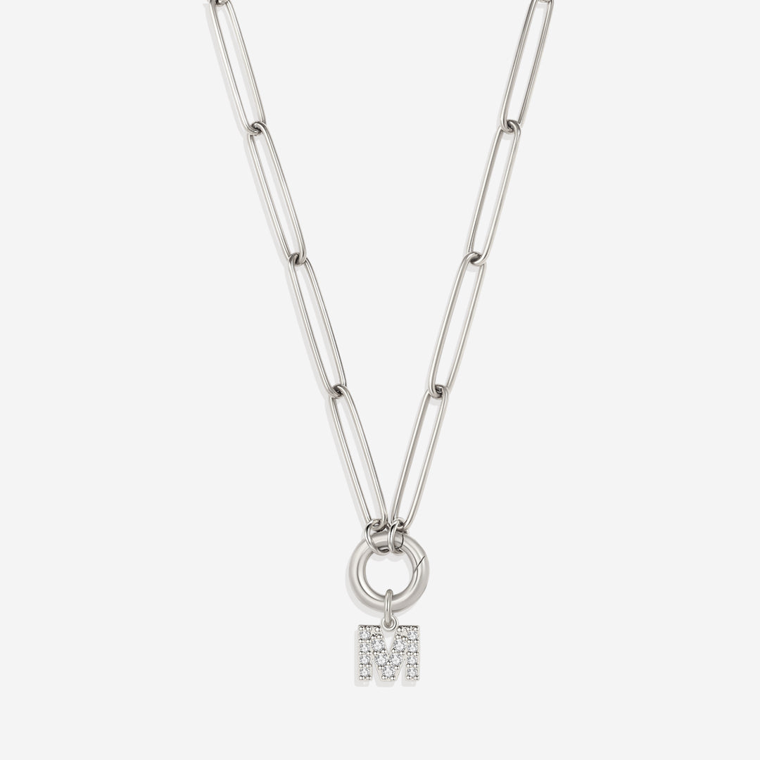 Pave Initial Charm with Charm Clasp Necklace in 925 sterling silver