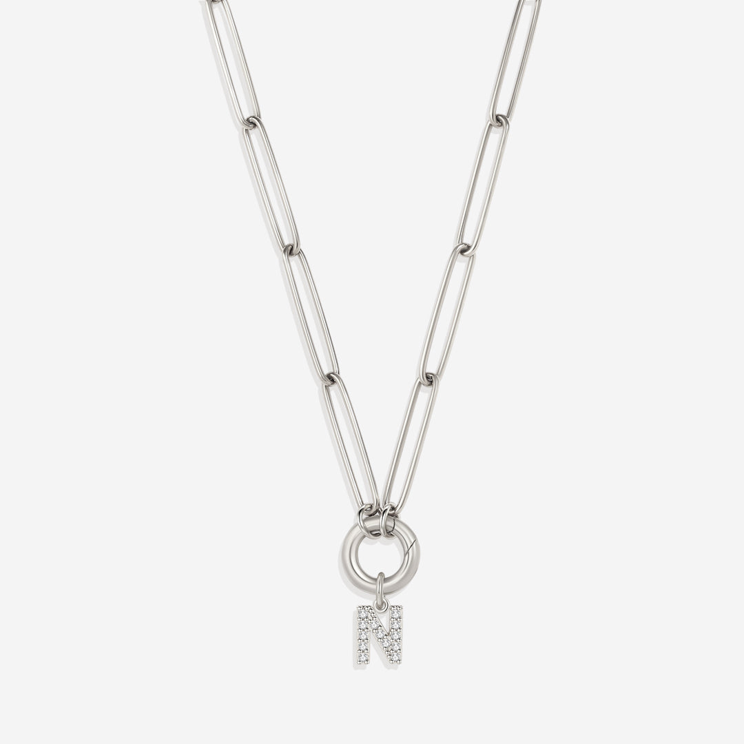 Pave Initial Charm with Charm Clasp Necklace in 925 sterling silver