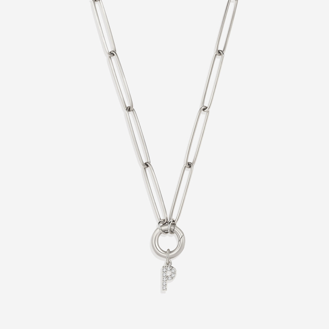 Pave Initial Charm with Charm Clasp Necklace in 925 sterling silver