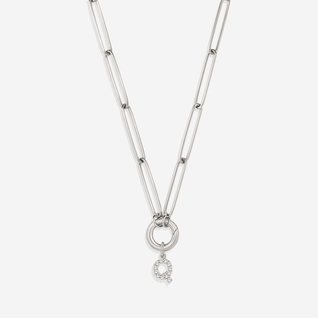 Pave Initial Charm with Charm Clasp Necklace in 925 sterling silver
