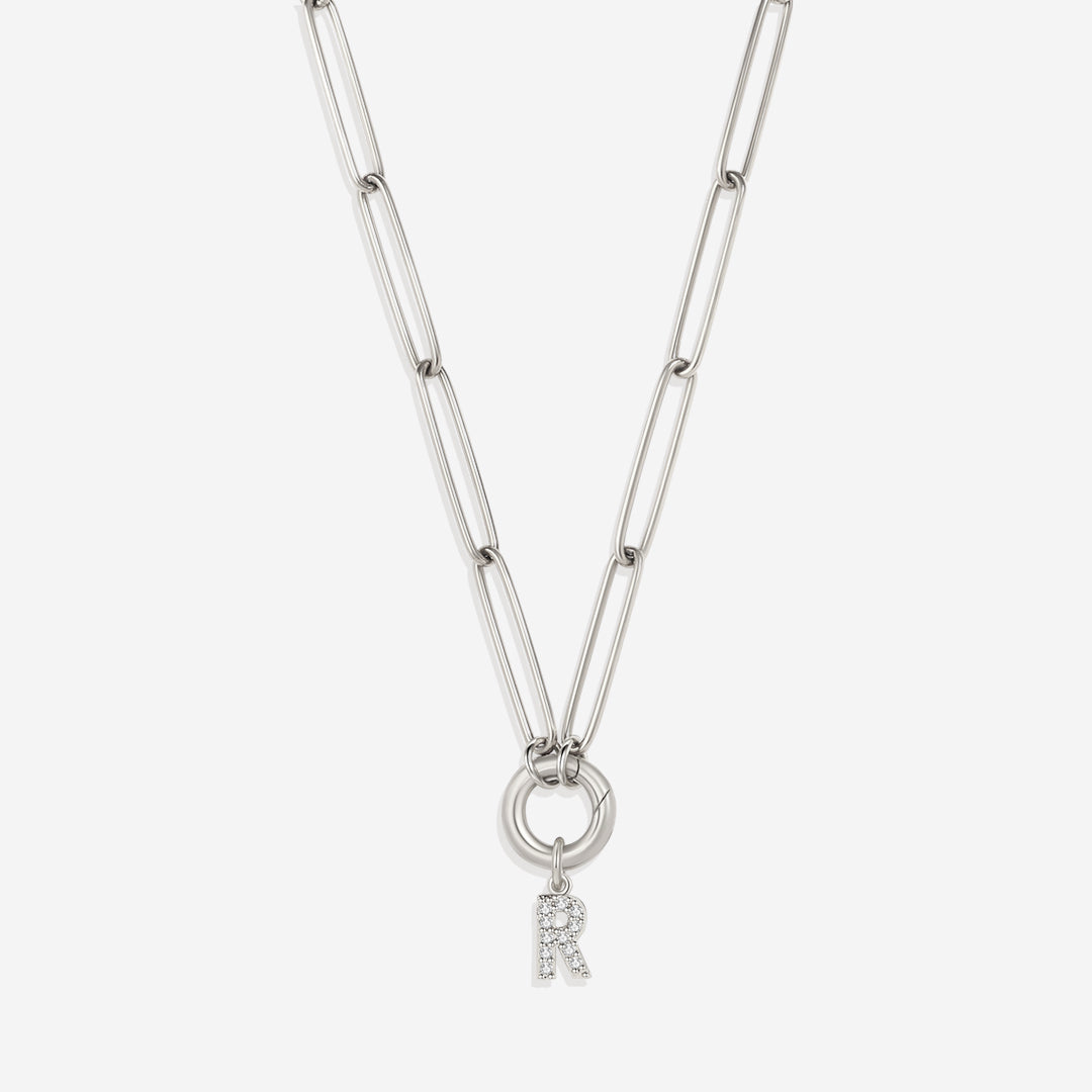 Pave Initial Charm with Charm Clasp Necklace in 925 sterling silver