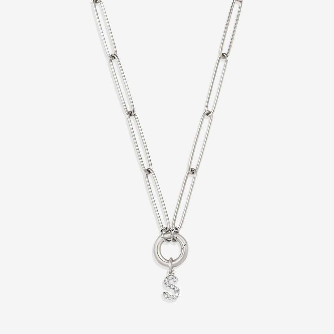 Pave Initial Charm with Charm Clasp Necklace in 925 sterling silver