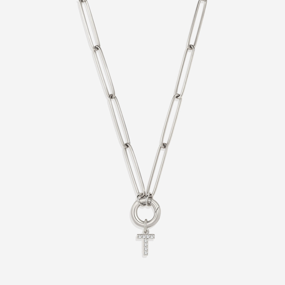 Pave Initial Charm with Charm Clasp Necklace in 925 sterling silver