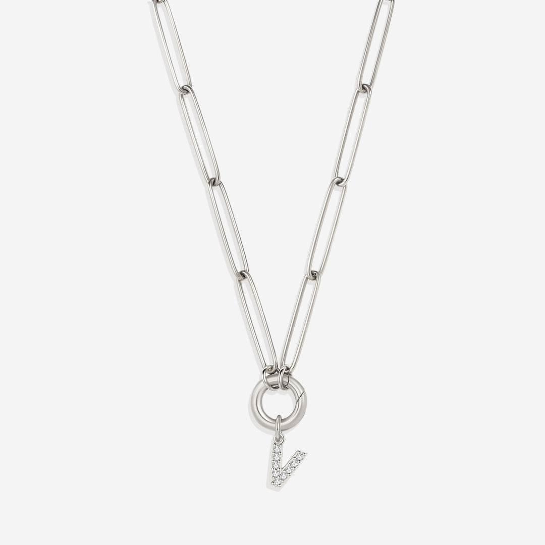 Pave Initial Charm with Charm Clasp Necklace in 925 sterling silver