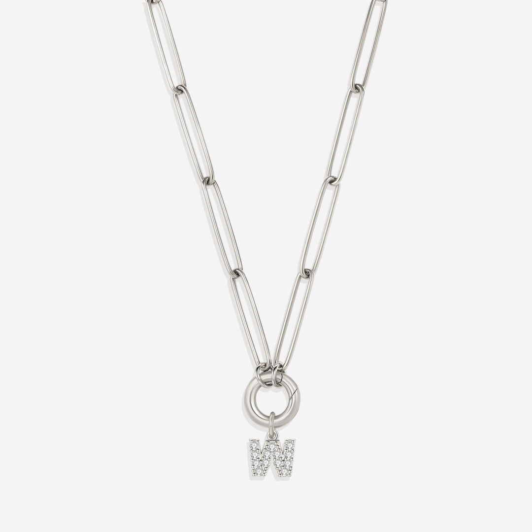 Pave Initial Charm with Charm Clasp Necklace in 925 sterling silver
