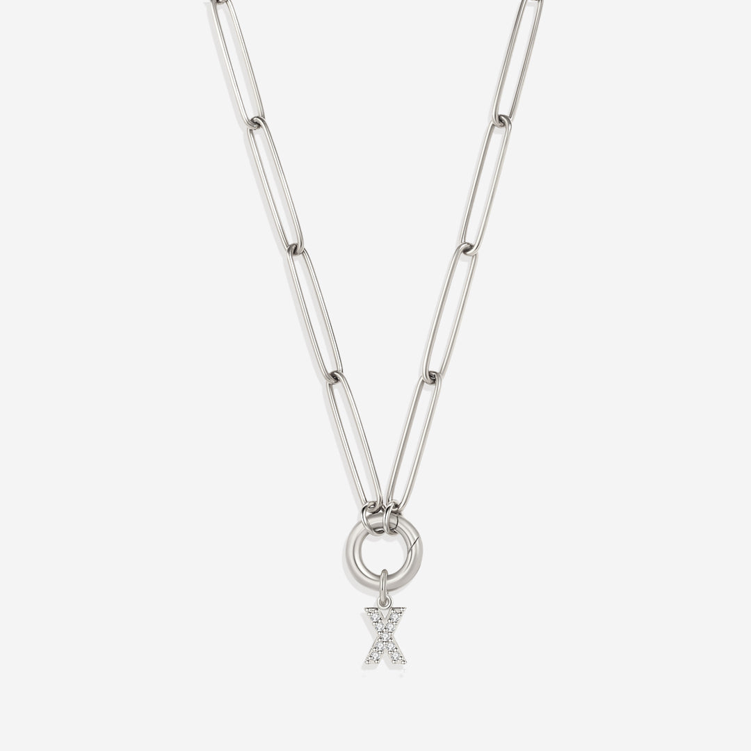 Pave Initial Charm with Charm Clasp Necklace in 925 sterling silver