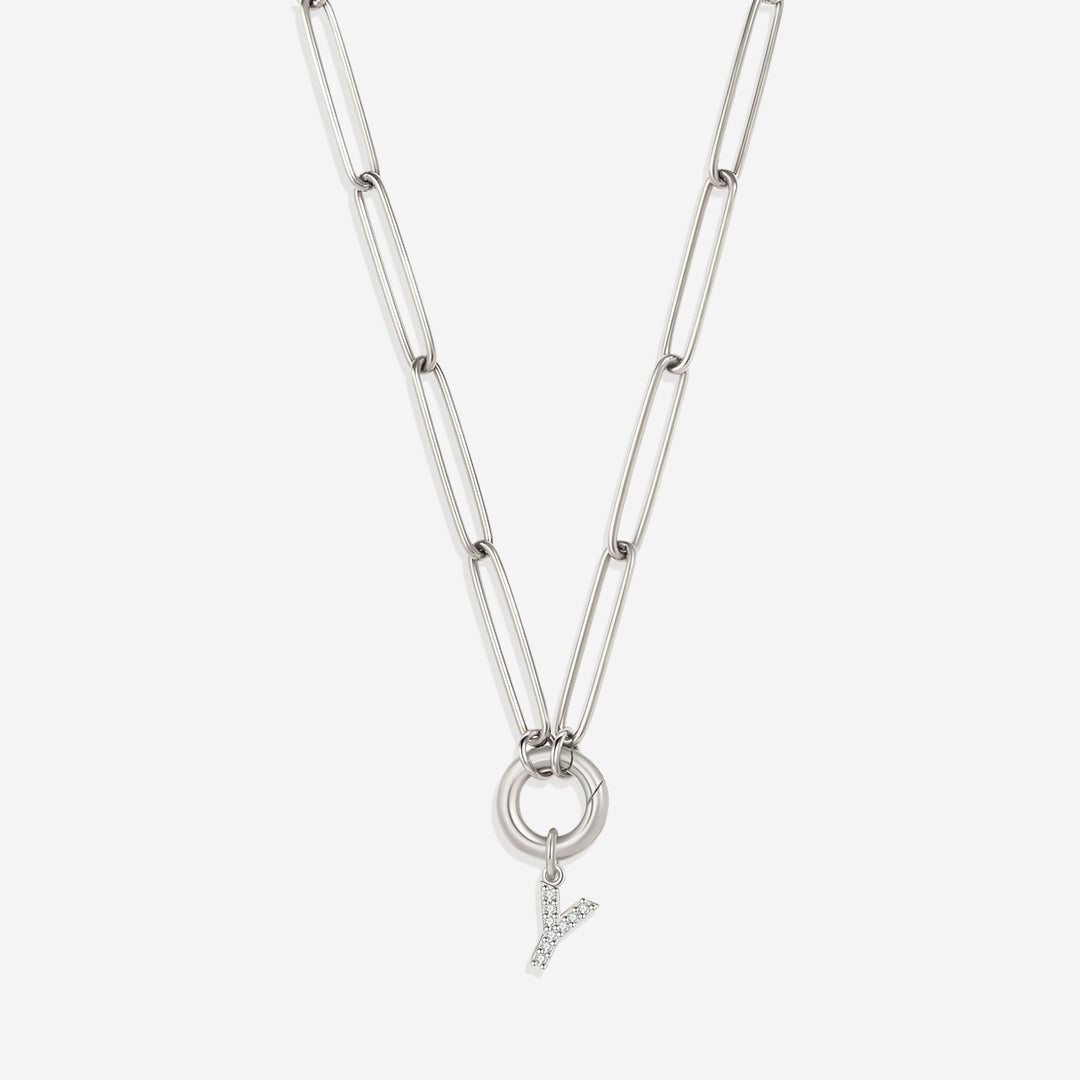 Pave Initial Charm with Charm Clasp Necklace in 925 sterling silver