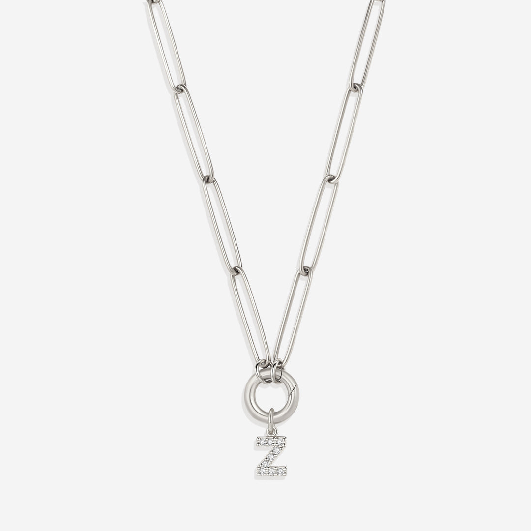 Pave Initial Charm with Charm Clasp Necklace in 925 sterling silver