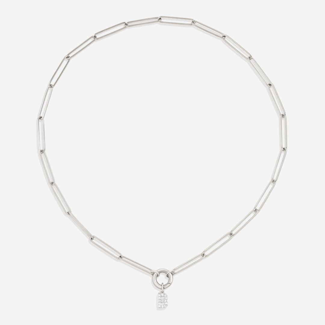 Pave Initial Charm with Charm Clasp Necklace in 925 sterling silver
