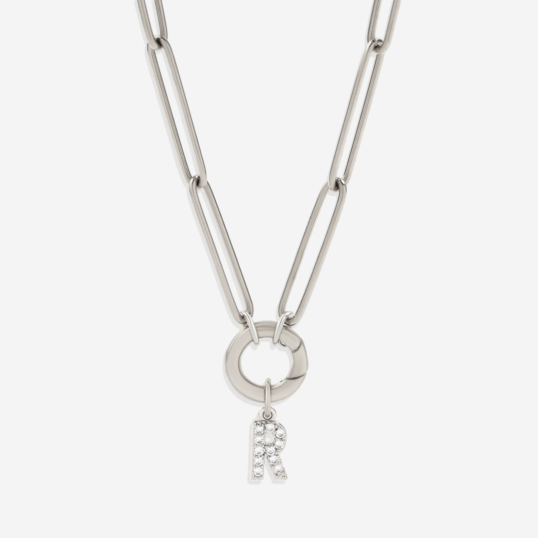 Pave Initial Charm with Charm Clasp Necklace in 925 sterling silver