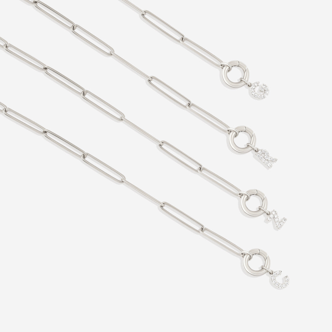 Pave Initial Charm with Charm Clasp Necklace in 925 sterling silver