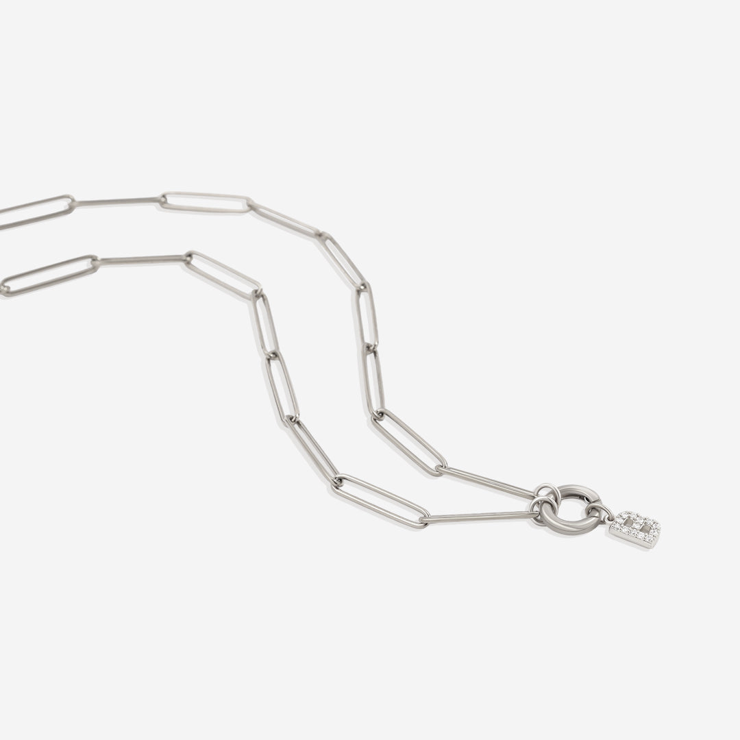 Pave Initial Charm with Charm Clasp Necklace in 925 sterling silver