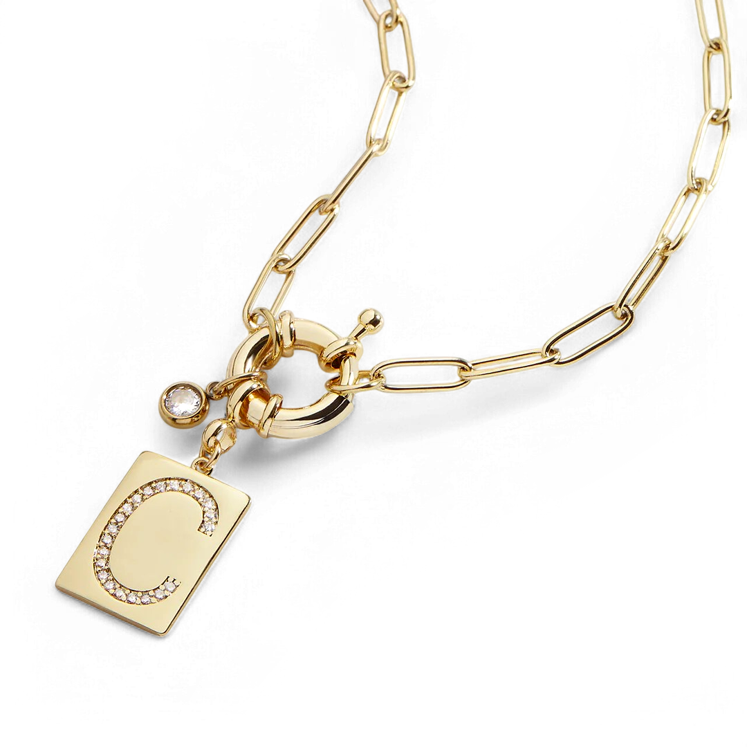 Pave Initial Pendant Necklace with Paperclip Chain — Vanny Jewels
