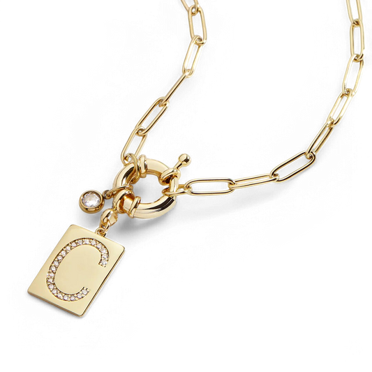 Pave Initial Pendant Necklace with Paperclip Chain — Vanny Jewels