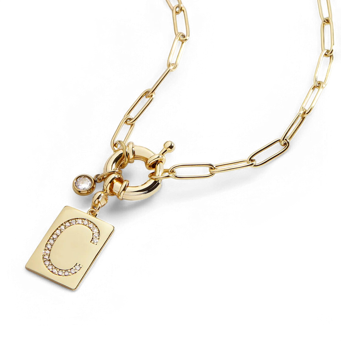 Pave Initial Pendant Necklace with Paperclip Chain — Vanny Jewels