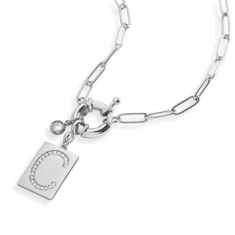 Pave Initial Pendant Necklace with Paperclip Chain in 925 Sterling Silver — Vanny Jewels