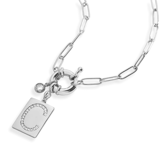 Pave Initial Pendant Necklace with Paperclip Chain in 925 Sterling Silver — Vanny Jewels