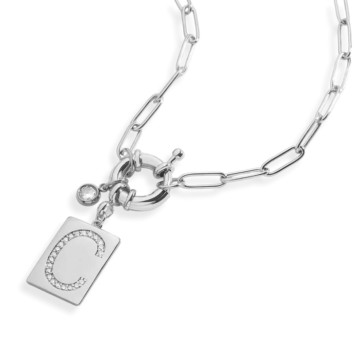 Pave Initial Pendant Necklace with Paperclip Chain in 925 Sterling Silver — Vanny Jewels