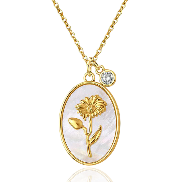 Pearl Birth Flower Pendant Necklace with April birthstone