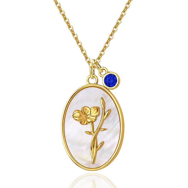 Pearl Birth Flower Pendant Necklace with August birthstone