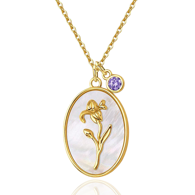 Pearl Birth Flower Pendant Necklace with February birthstone