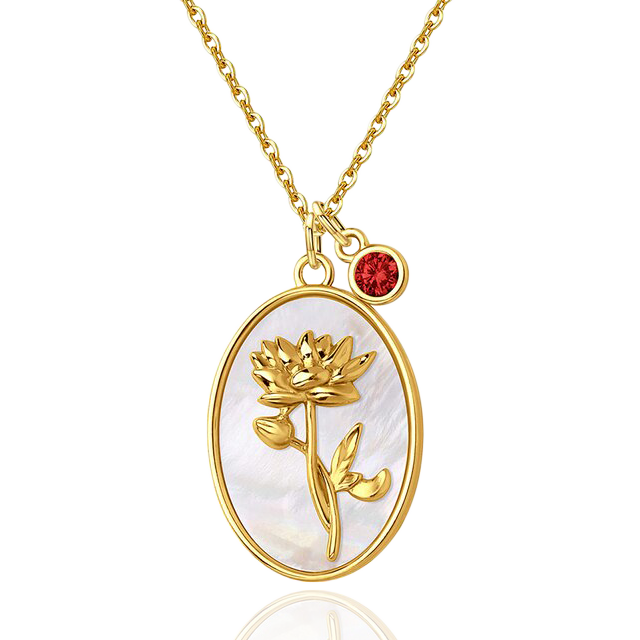 Pearl Birth Flower Pendant Necklace with July birthstone