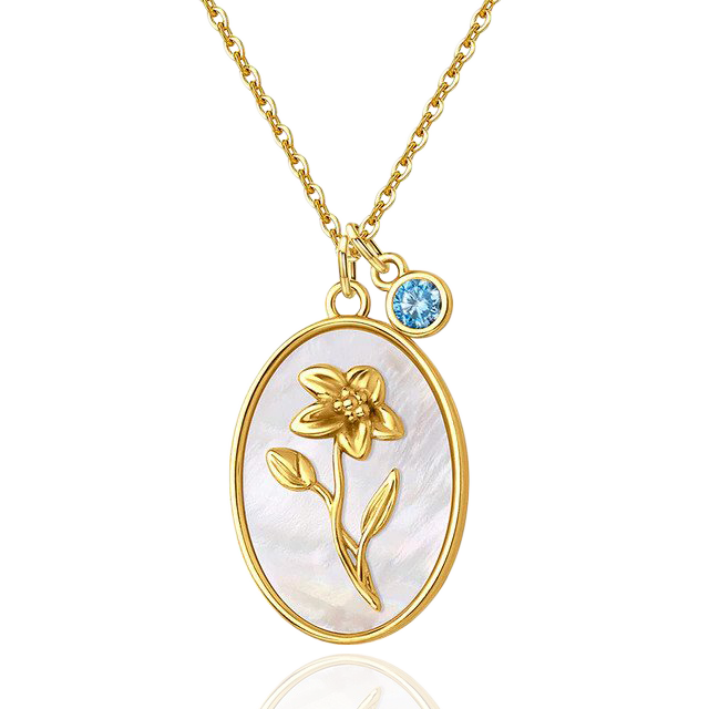 Pearl Birth Flower Pendant Necklace with March birthstone