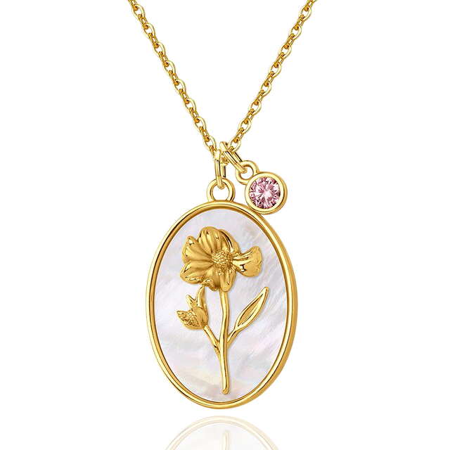 Pearl Birth Flower Pendant Necklace with October birthstone