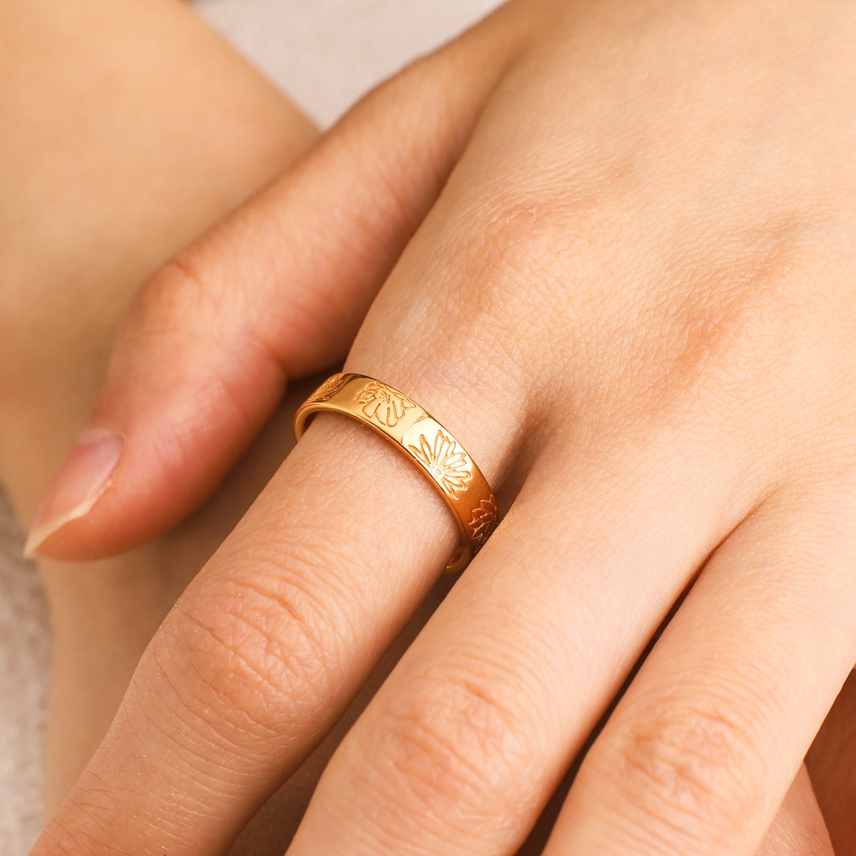 Personalized Stamped Flower Ring in gold tone
