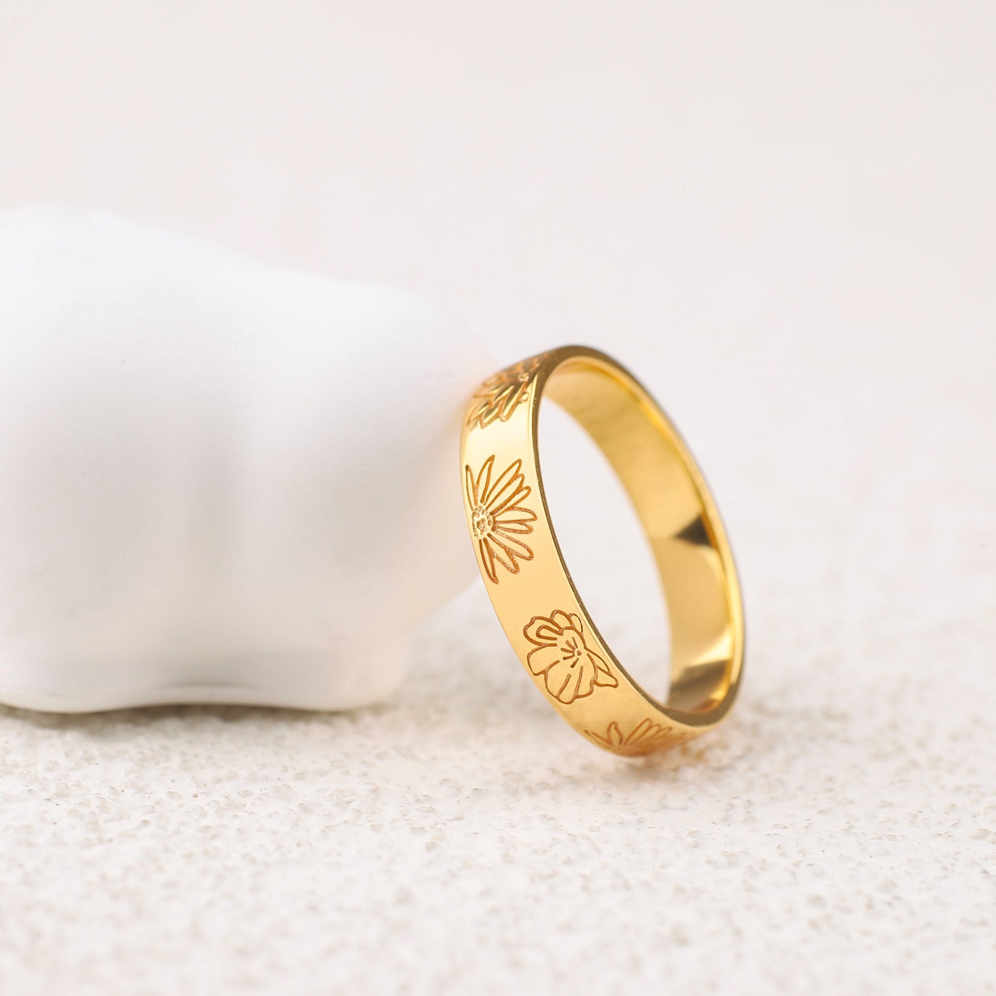 Personalized Stamped Flower Ring in gold tone