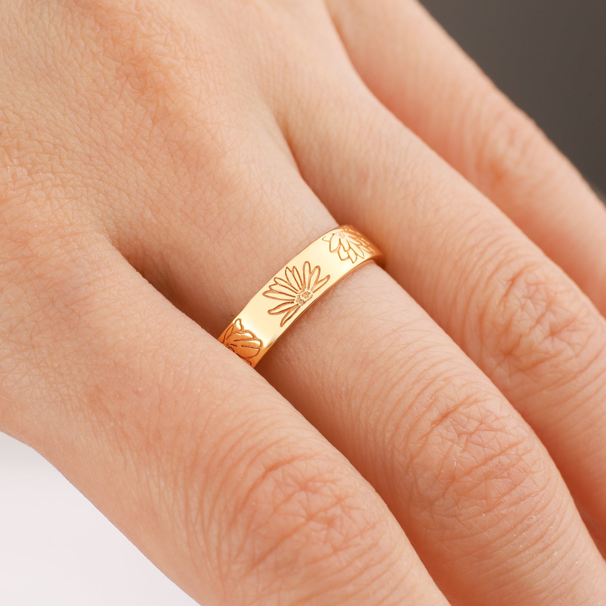 Personalized Stamped Flower Ring in gold tone