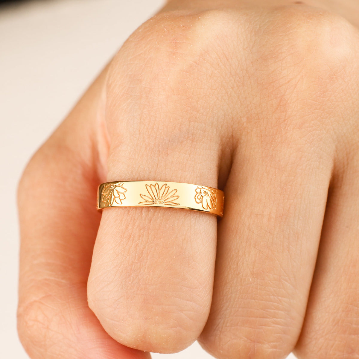 Personalized Stamped Flower Ring in gold tone