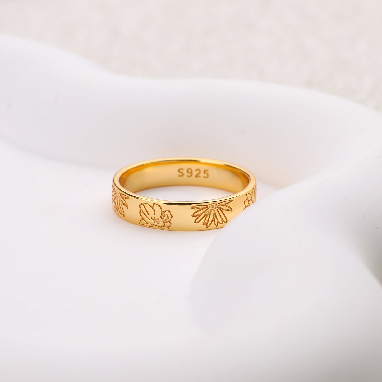Personalized Stamped Flower Ring in gold tone