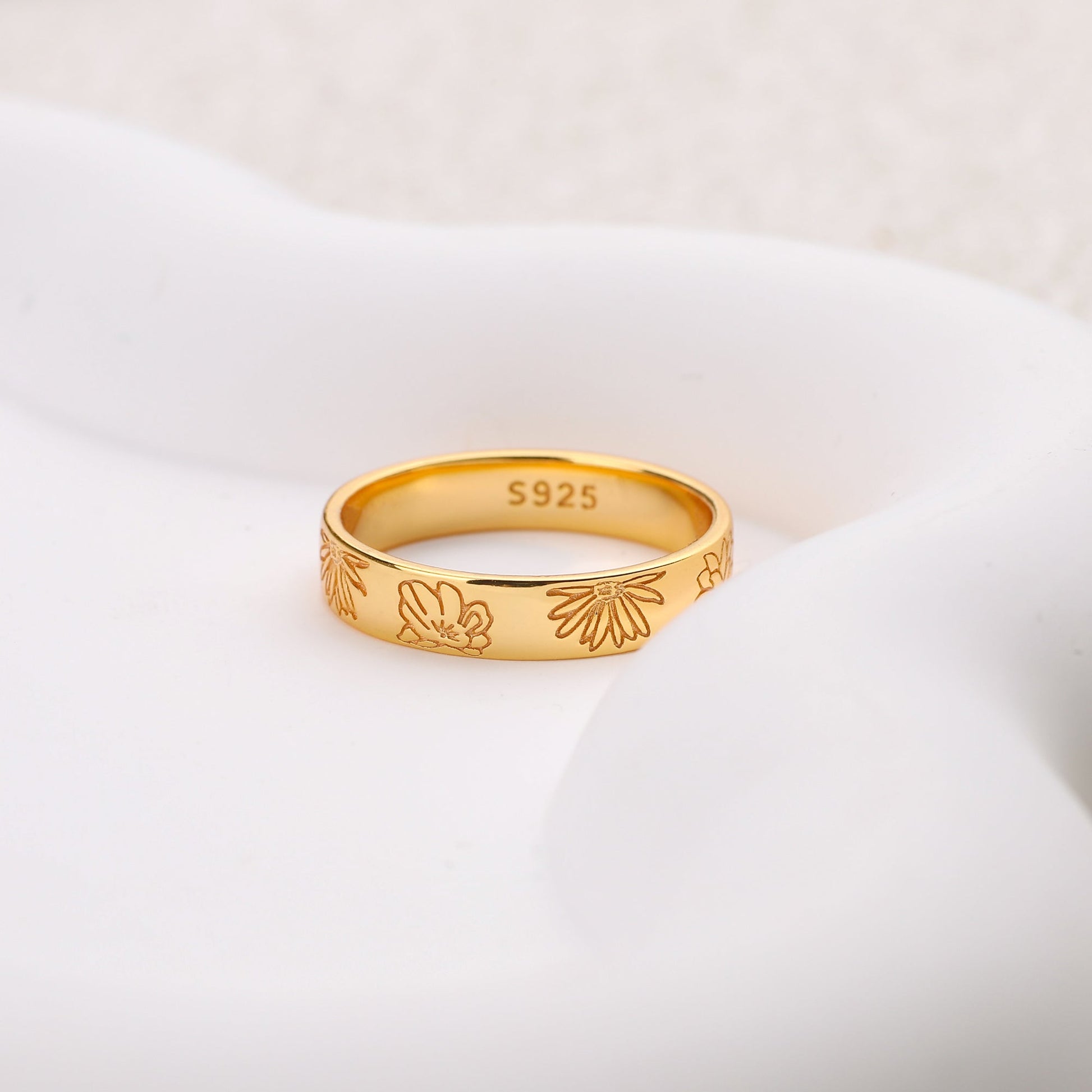 Personalized Stamped Flower Ring in gold tone